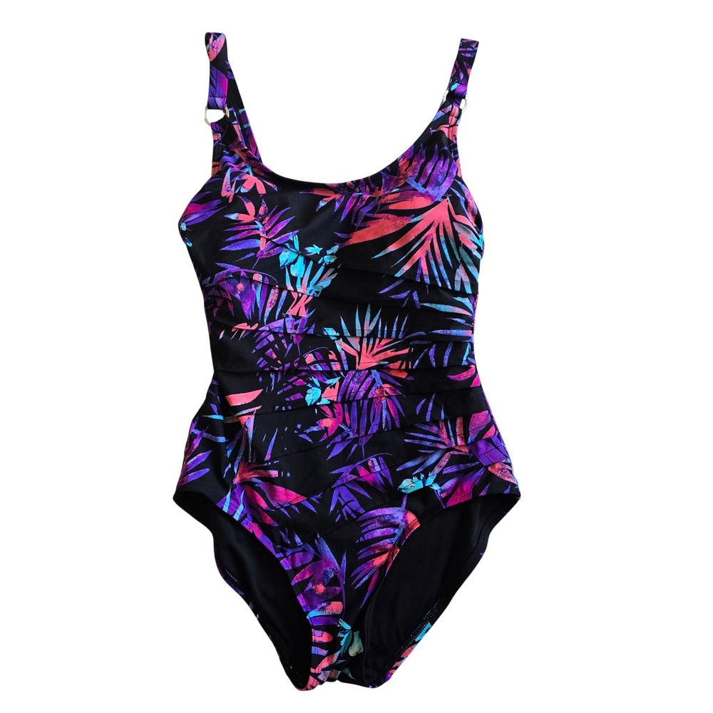 Calvin Klein‎ Tropical Palm Print Tiered One Piece Swimsuit Size 6 Multicolor